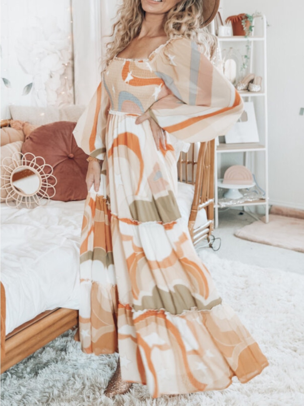 Aura Boho Maxi Dress in Cream, Orange, and Tan